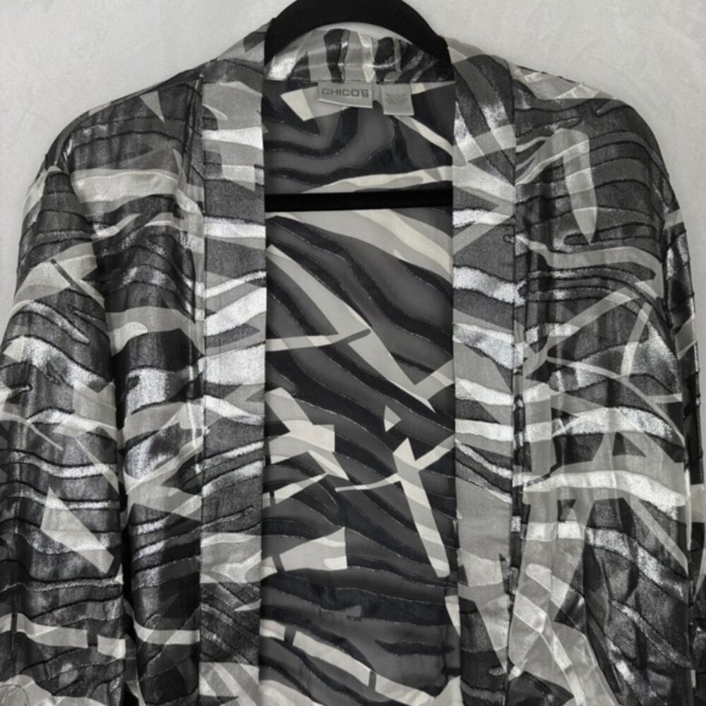 Chico's Sheer Kimono Abstract Print Metallic Silver Black Gray Size 0/1